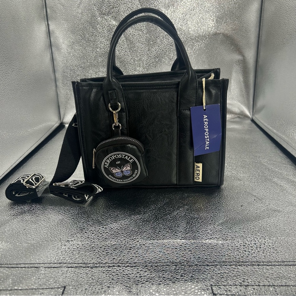 Aeropostale Black Faux-Leather Satchel with Detachable Strap and Coin Pouch